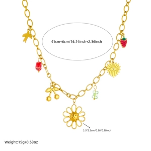 Gold multi-pendant chain necklace with bird, strawberry, cherry and flower charms