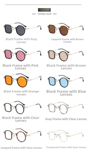 Collection of retro square sunglasses in multiple frame colors and tinted lenses with gold arms