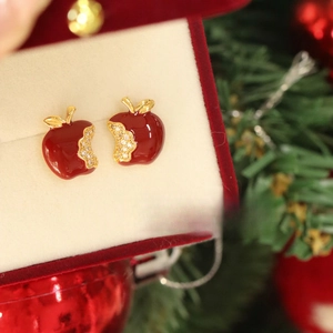 Red enamel apple stud earrings with gold plating and sparkling zircon in a velvet gift box