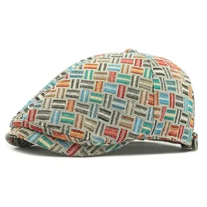 Retro multi-color jacquard ivy cap with geometric patterns and textured fabric