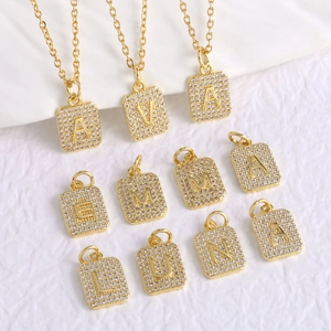 Alphabet Initial Necklace Copper Gold Plated Square Pendant Pavé Cubic Zirconia Clavicle Chain For Women