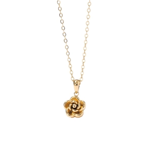 Elegant gold rose flower pendant necklace for women with a delicate chain on white background