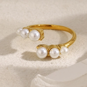 Adjustable Open Ring Stainless Steel 18K Gold Plated Imitation Artificial Pearl French Retro Luxury Jewelry For Women