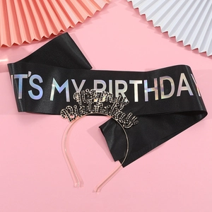 Detail of black satin 'It's My Birthday' sash and matching black rhinestone tiara set
