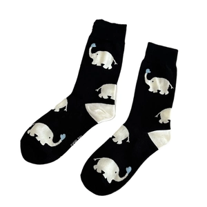 Cotton mid-tube socks featuring repeated white elephant and blue heart patterns