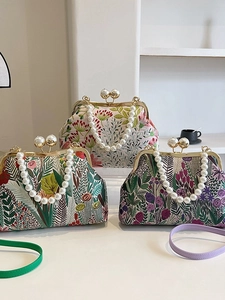 Elegante Tasche im chinesischen Stil mit Blumenmuster, Perlengriff und Lederband