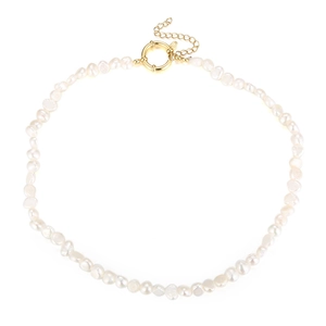 Baroque freshwater pearl necklace with gold spring clasp on a clean white background