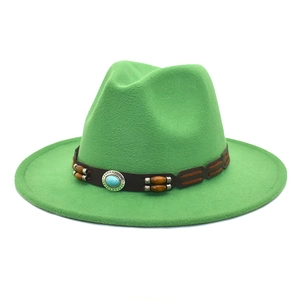 Detail of apple green wool fedora hat with bohemian turquoise and wooden bead band decoration
