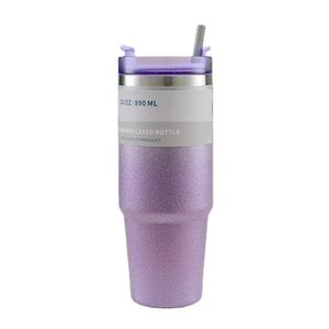 30oz purple glitter vacuum insulated stainless steel tumbler with straw and clear lid