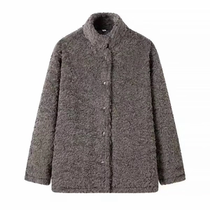 Women's dark gray sherpa fleece jacket with stand collar and button-down front