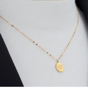 Detail of a gold cat paw print pendant on a flat link titanium steel necklace