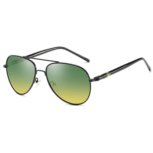 Side view of aviator polarized sunglasses with metal frame and green-yellow gradient lenses