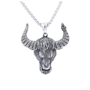 Viking Odin yak bull head pendant necklace in silver stainless steel with vintage finish