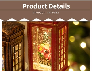 Macro detail of red Christmas telephone booth lantern with glowing Santa sled scene