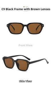 Detail view of square black frame sunglasses with tea lenses and gold metal accents