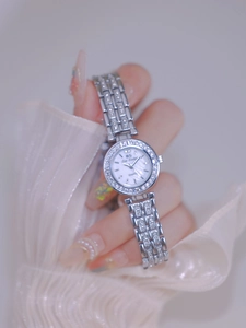 Close-up of Bee Sister silver luxury watch with diamond-encrusted bezel on female wrist