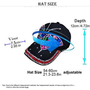 Size chart for butterfly denim cap showing 54-60cm circumference and 7.5cm visor length