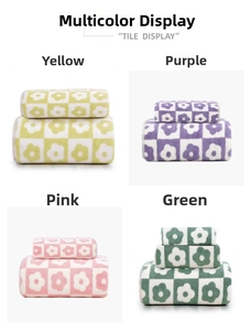 Grid view of soft coral fleece towels in checkered flower patterns and four colors