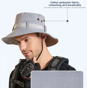 Détail d'un chapeau de soleil gris en tissu coton-polyester respirant avec aérations
