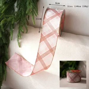 Detailed close-up of 6cm pink and rose gold glitter plaid velvet ribbon for gift wrapping