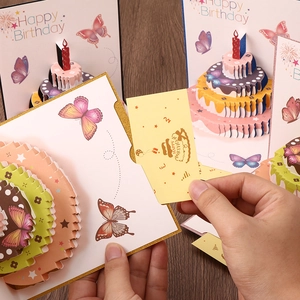 3D pop-up colorful butterfly cake birthday card with interactive pull-out message note
