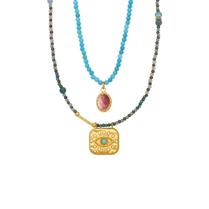 Turquoise beaded layering necklace with evil eye pendant in stainless steel and gold finish