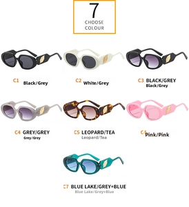 Group shot of oval leaf-decor sunglasses in seven colors from black to leopard print