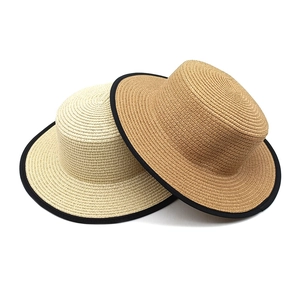 Women Straw Boater Hat Flat Top Sun Protection Breathable French Style Summer Beach Elegant With Black Edge Trim