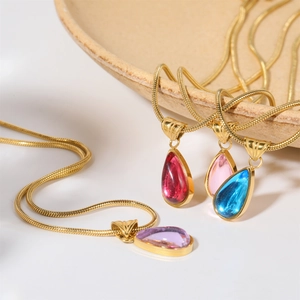 18K gold plated titanium necklace with teardrop birthstone pendants in vibrant colors