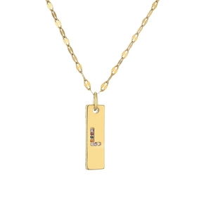 Detailed macro view of gold-plated rectangular pendant with colorful letter L inlay