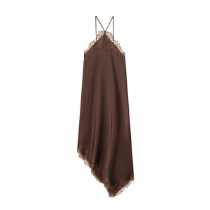 Elegant dark brown satin halter dress with silk luster and delicate lace trim edges