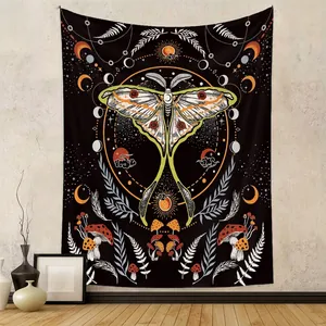 Wall Tapestry Polyester Mystical Moth Mushroom Moon Phase Bohemian Hanging Background Fabric Room Decor