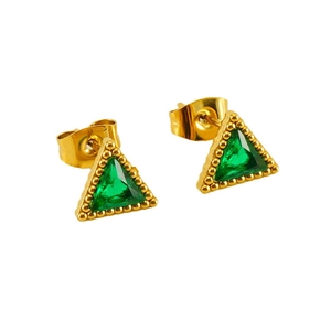 Detail of 18K gold stainless steel triangle earrings with green zircon and beaded edge