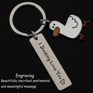 Stainless steel duck keychain with engraved I Ducking Love You charm for backpacks