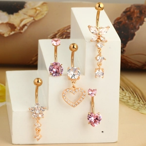 Ensemble de 5 piercings de nombril rose doré avec zircons rose cœur et papillon