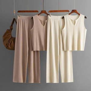 Women's summer sleeveless knit top and wide-leg pants two-piece set in cream and beige