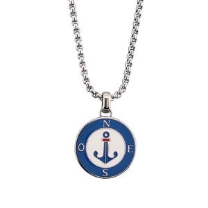 Compass and anchor pendant necklace in silver stainless steel with blue enamel details