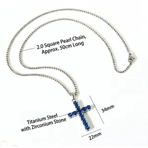 Titanium steel cross necklace with blue cubic zirconia on a silver box chain