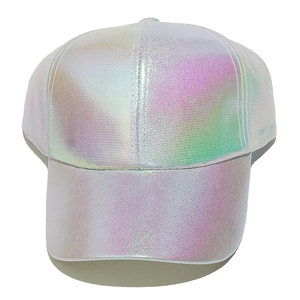 Detail of holographic baseball cap showing metallic purple aurora finish and stitching