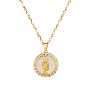 Luxurious gold stainless steel necklace with Virgin Mary shell pendant and pearls