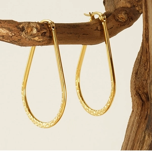 Detail view of 18K gold plated egg-shaped earrings with hammered texture on a branch