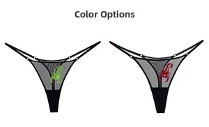 Detail showing sheer mesh thong with intricate green and red scorpion embroidery