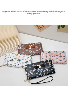 Macro view of four butterfly print long wallets featuring elegant metal bow clasps