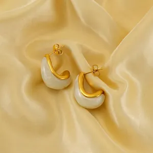 Vintage C Shaped Hoop Stud Earrings Gold Plated Stainless Steel White Marble Texture Resin Minimalist Jewelry For Women