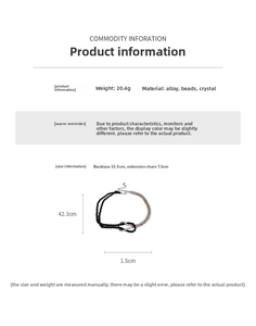 Detail showing dimensions of double-layer beaded knot necklace with black and gold rhinestones
