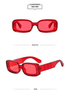 Vertical view of bold red square sunglasses with thick temples and jelly texture frames