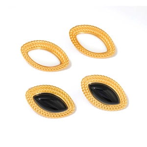 Retro 18K gold plated stainless steel marquis earrings with black resin and rope texture