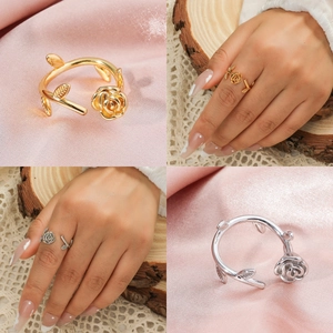 Minimalist brass gold-plated 3D rose flower open ring with leaf design for women