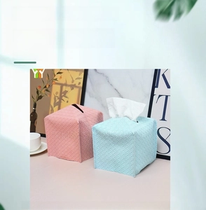 Detail showing pink and blue woven texture square tissue box covers for home decor
