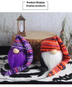 Detailed close-up of knitted Halloween gnomes with long purple and white beards and patterns